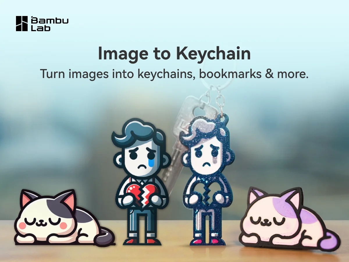 An image of 2 pictures transformed into printable keychains. The text says "Image to Keychain. Turn images into keychains, bookmarks & more."