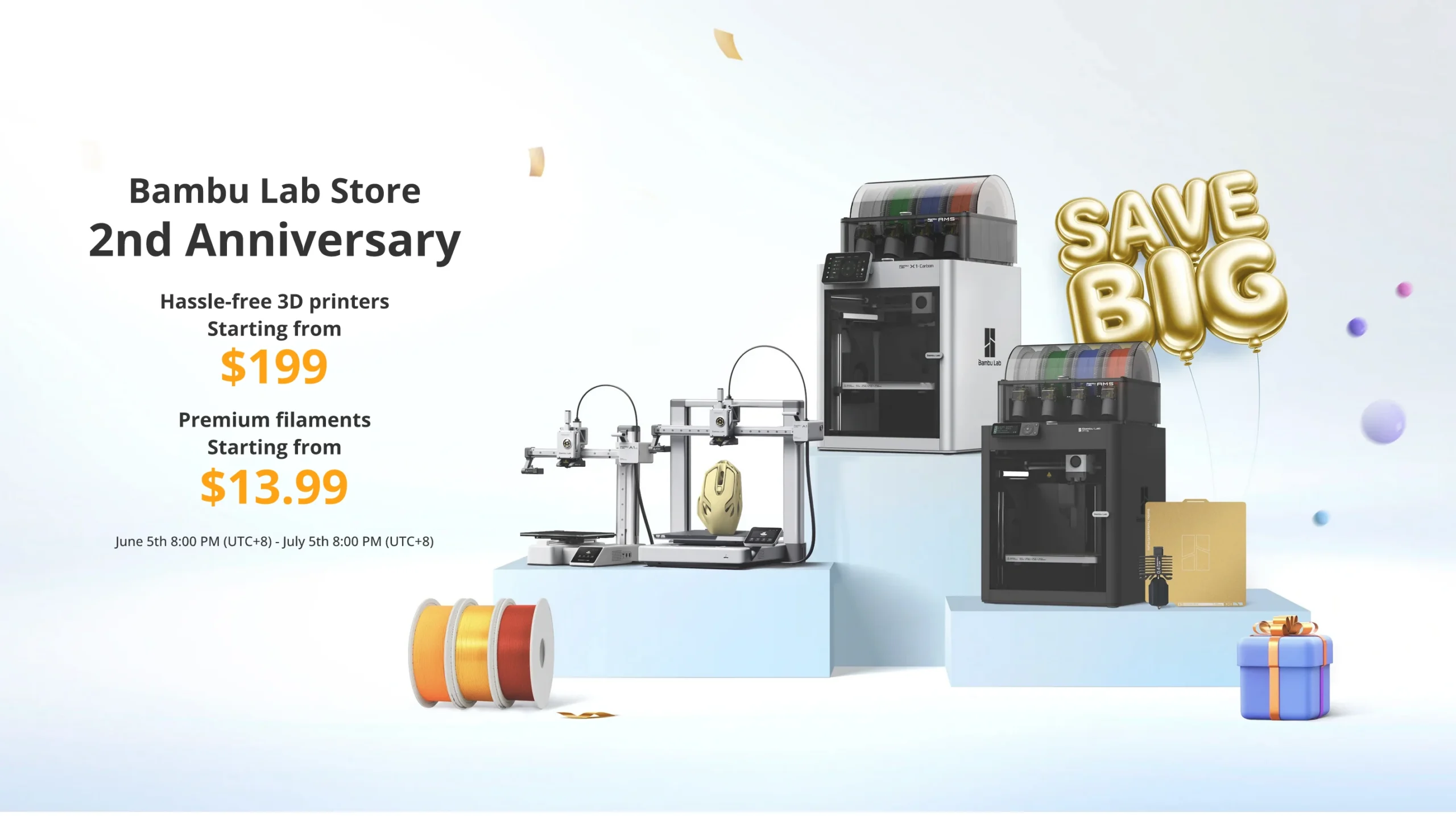 A promotion banner for Bambu Lab 2nd anniversary sale. There are pictures of the 4 discounted printers: A1, A1 mini, X1C Combo and P1S Combo. We can also see a "SAVE BIG" balloon and the following text: "Bambu Lab Store 2nd Anniversary. Hassle-free 3D printers Starting from $199. Premium filaments Starting from $13.99. June 5th 8:00 PM (UTC+8) - July 5th 8:00 PM (UTC+8)"