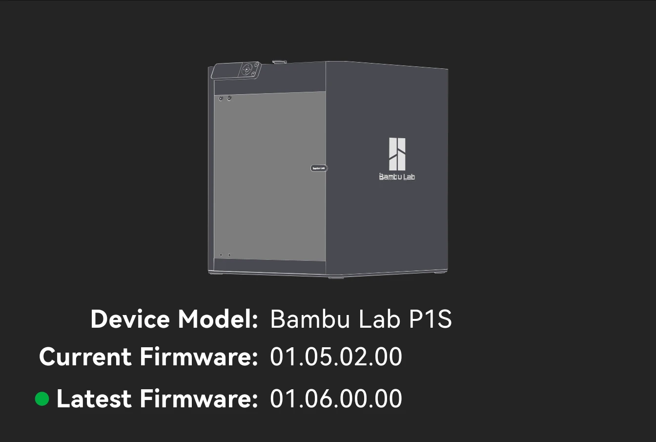 An image of a Bambu Lab printer showing there is an update