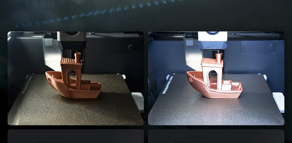 Two pictures of a benchy inside a Bambu Lab printer. A darker picture on the left, before the upgrade, a brighter one on the right, after the upgrade