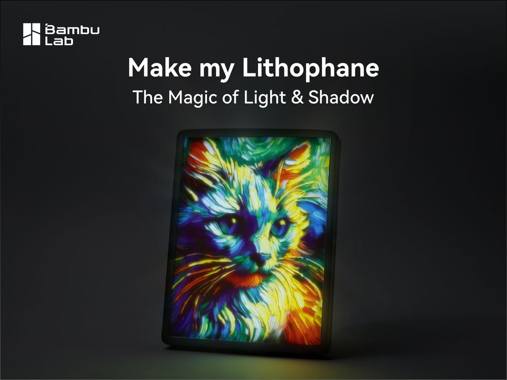 A lithophane print of a cat in many different colors with the text "Make my Lithophane. The Magic of Light and Shadow"