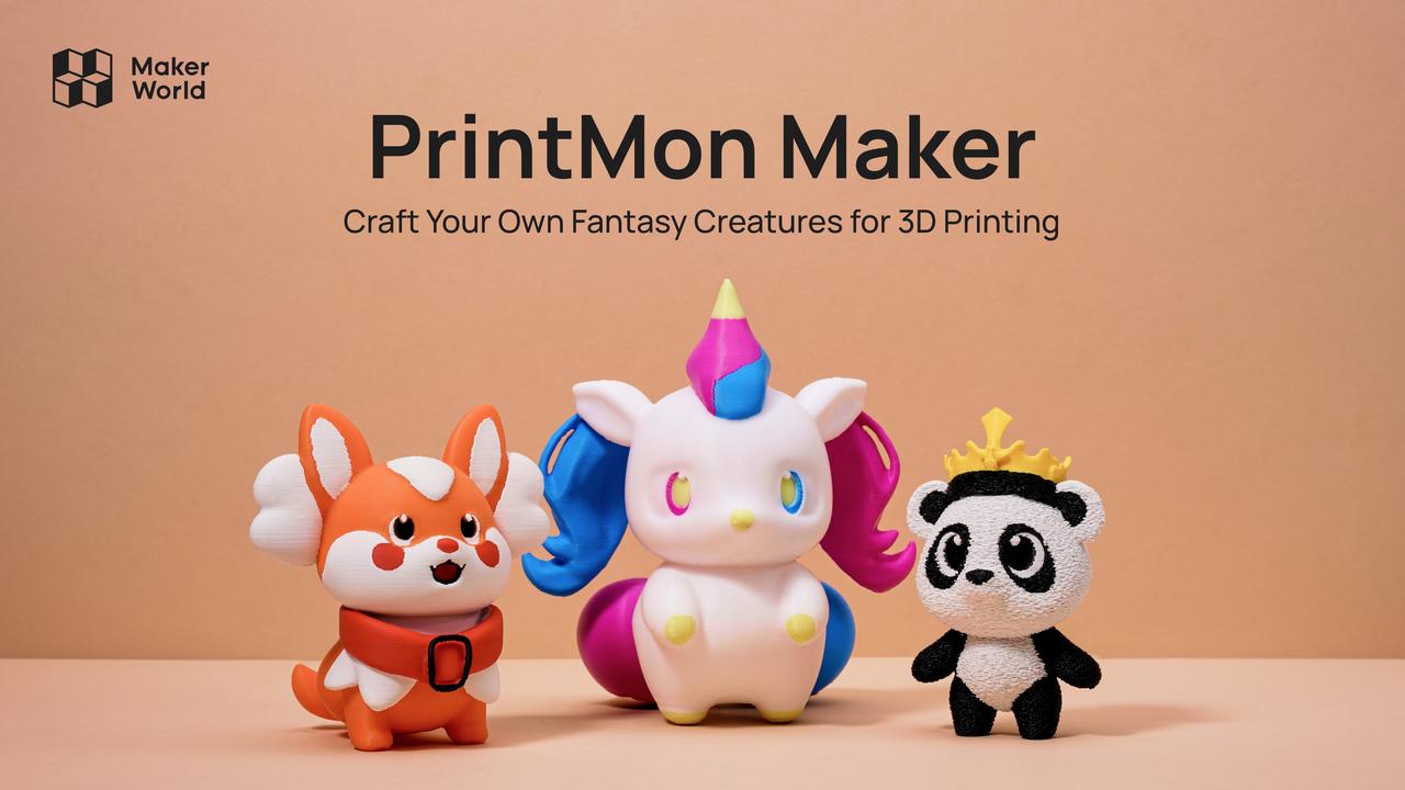 Three 3D printed creatures. One looking like a fox, one like a unicorn and one like a panda bear. With the text "PrintMon Maker - Craft Your Own Fantasy Creatures for 3D Printing."