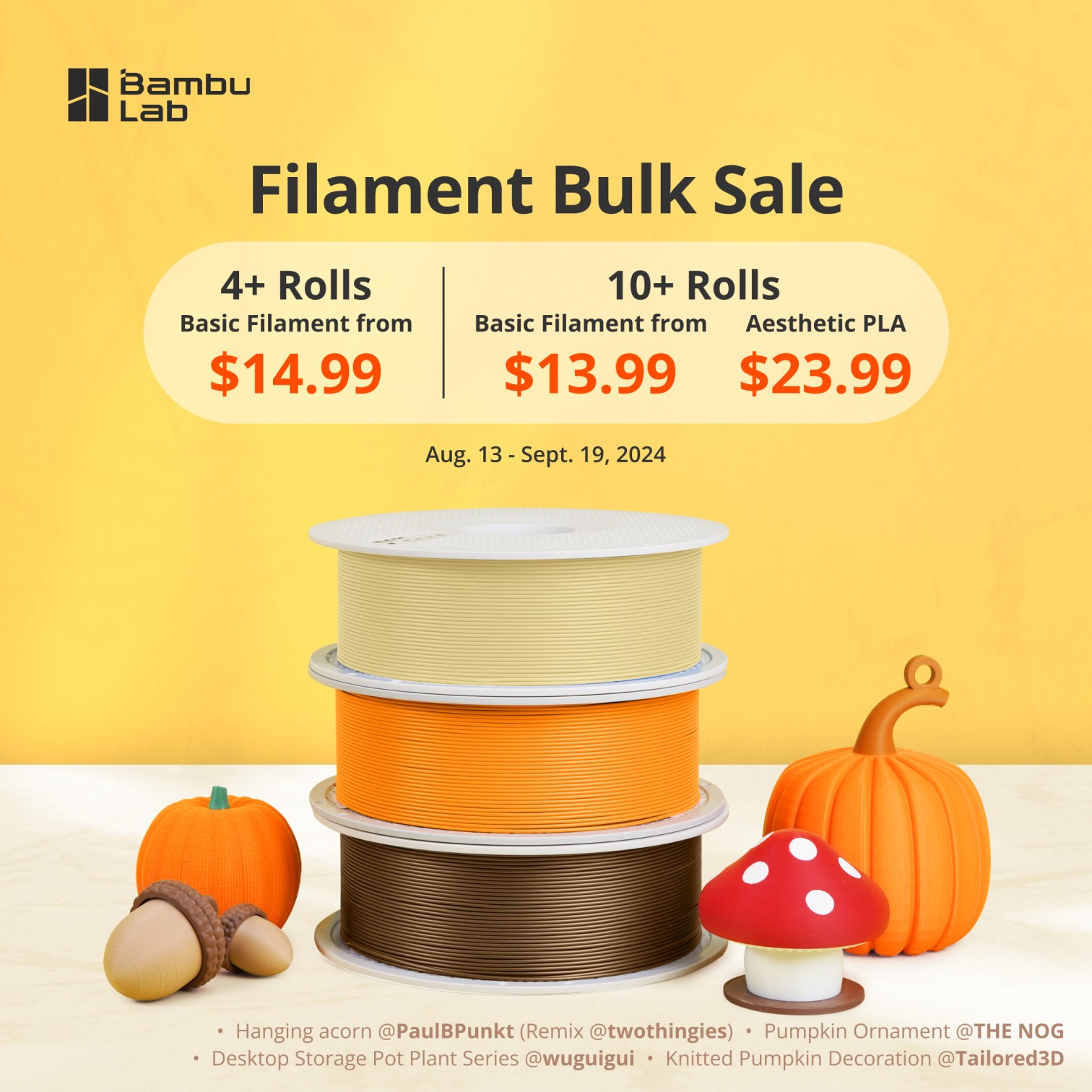 3 filament rolls surrounded by autumn themed 3D prints. The title says "Filament Bulk Sale" and the rest of the text gives information about the discounts