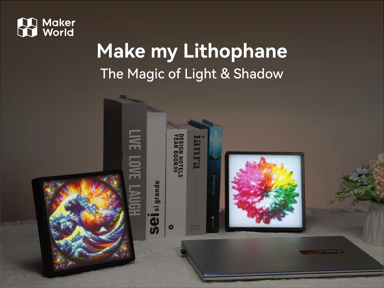 Two 3D printed lithophanes with some books and a laptop. The text reads: "MakerWorld. Make My Lithophane The Magic of Light and Shadow."