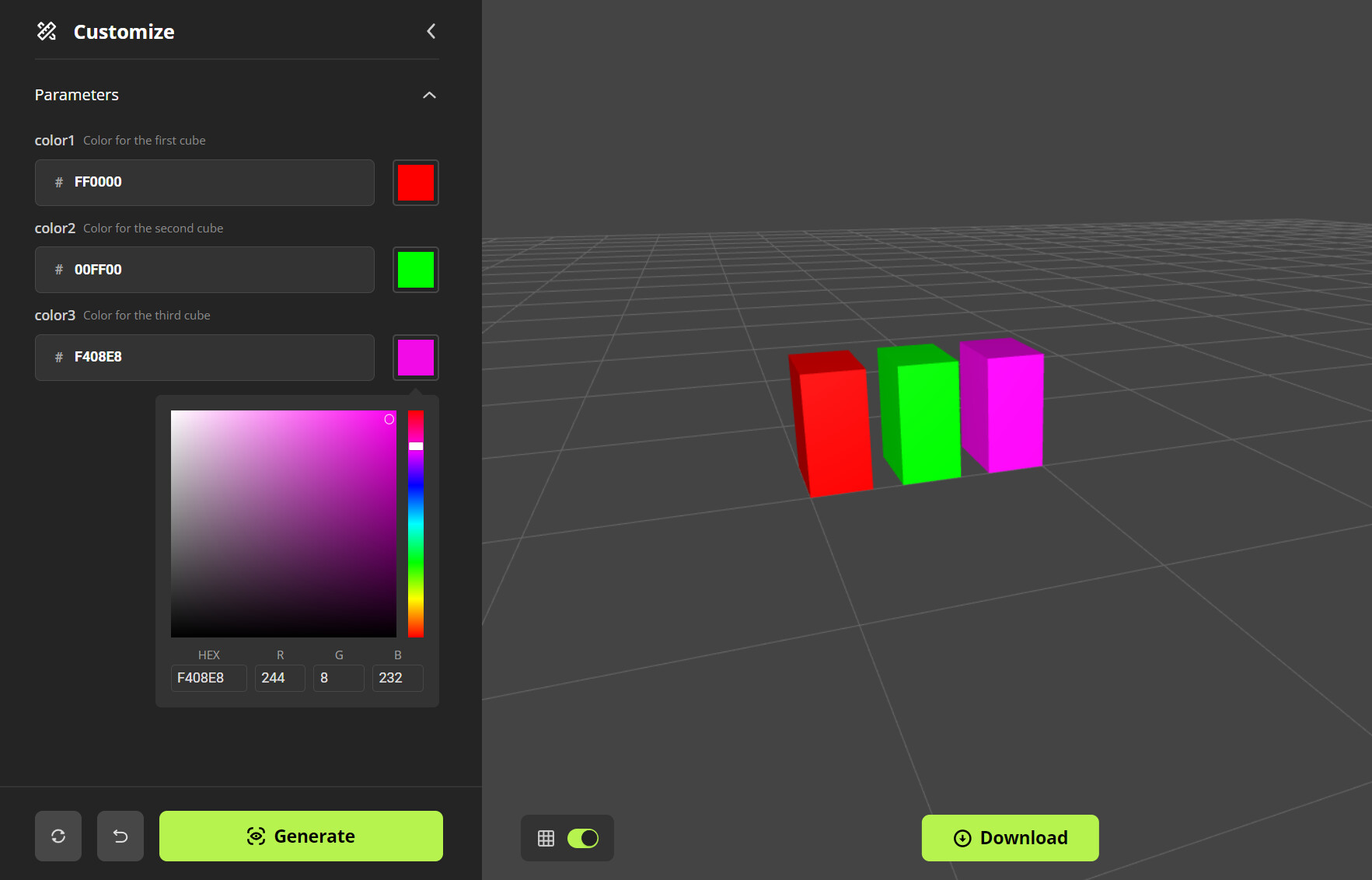 A screenshot of Parametric Model Maker with 3 columns of different colors which can be parameterized.