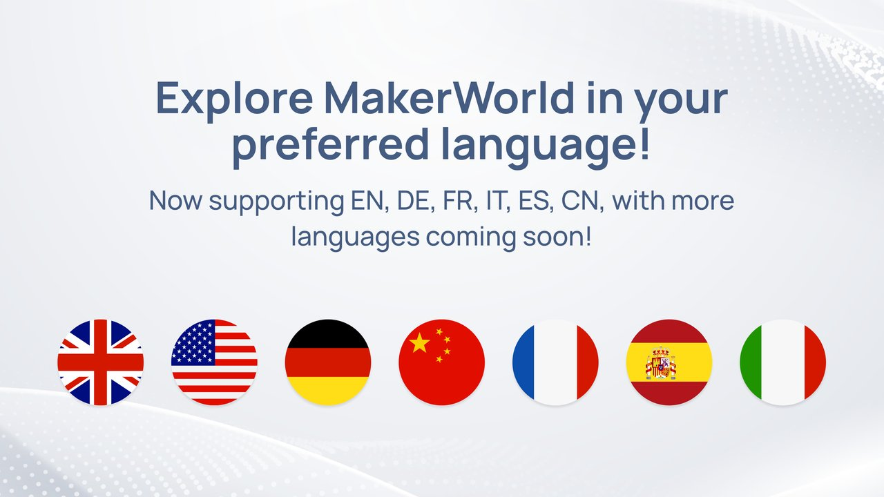 The text: "Explore MakerWorld in your preferred language! Now supporting EN, DE, FR, IT, ES, CN, with more languages coming soon" and the flags of the supported languages