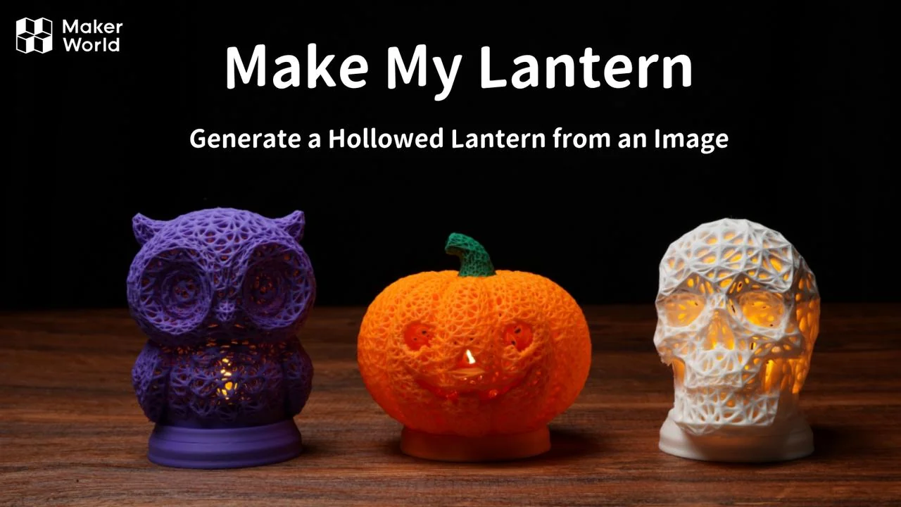 Three 3D printed lantern: a purple owl, a pumpkin, and a skull. With the text: "Make My Lantern. Generate a hollowed lantern from an image."