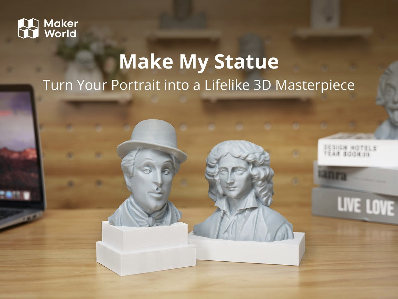 Two 3D prints of what appears to be statues of Charlie Chaplin and Isaac Newton.