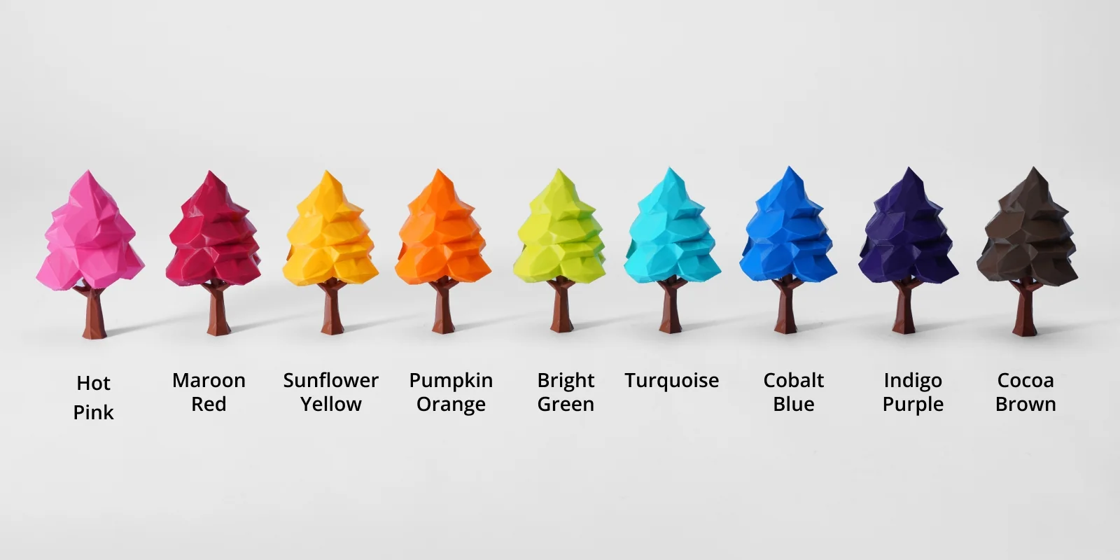 Nine 3D-printed trees showcasing the nine new colors