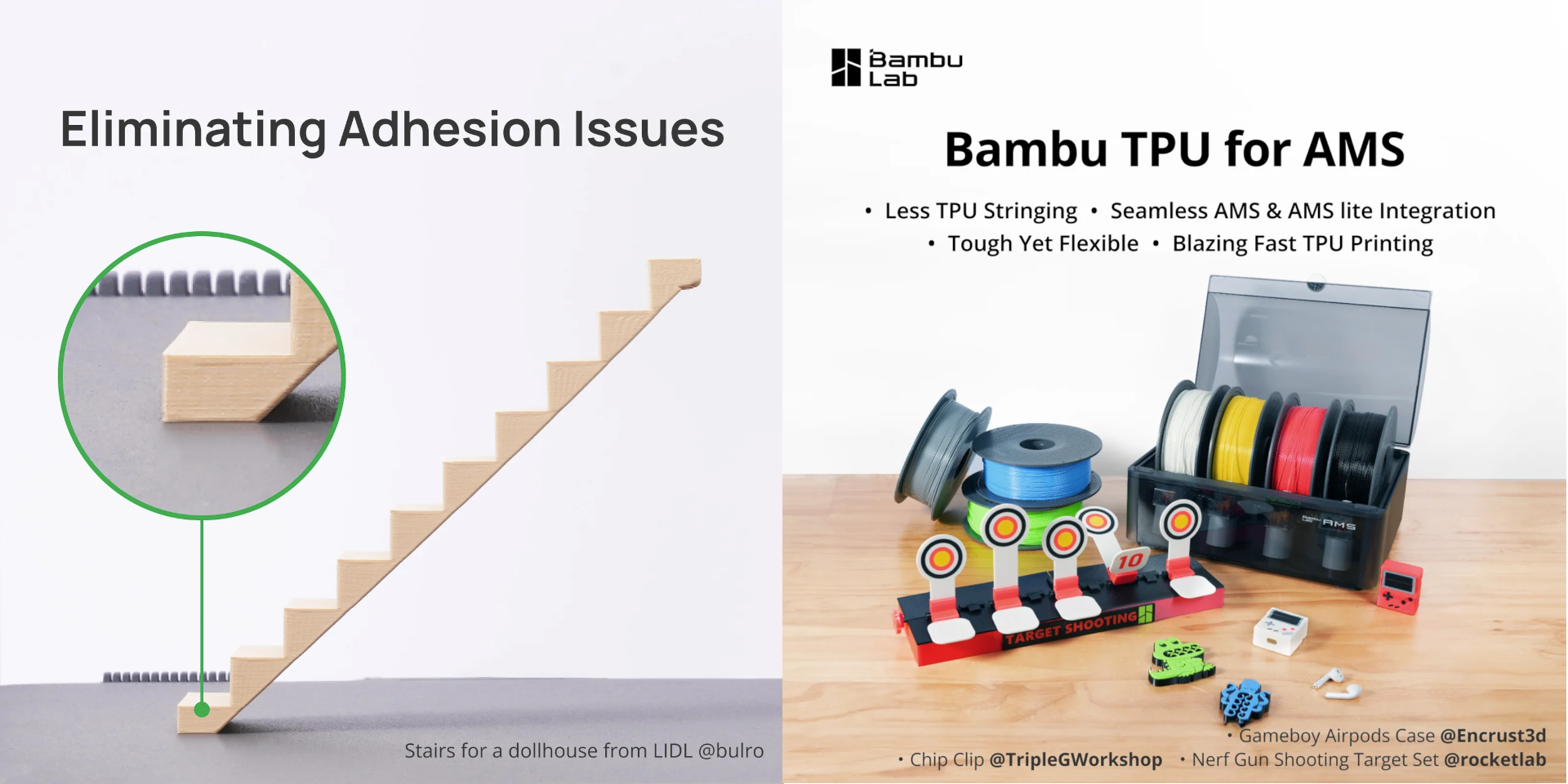 Two images. One of a 3D printed staircase that attaches to the build plate only by the first step. Another one showcasing some TPU filaments in an AMS with 3D printer objects in the forefront.