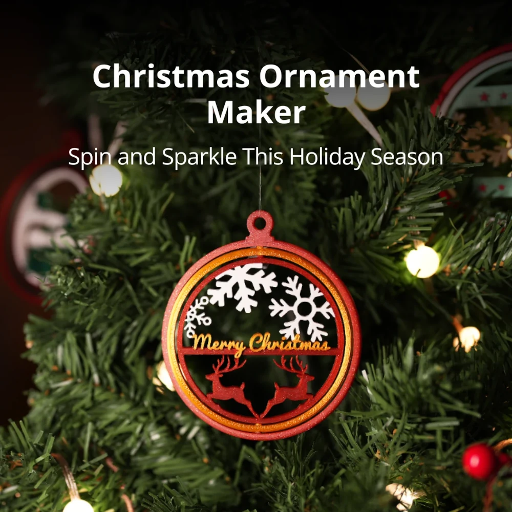 A 3D printed ornament on a Christmas tree with the text "Christmas Ornament Maker. Spin and Sparkle This Holiday Season"