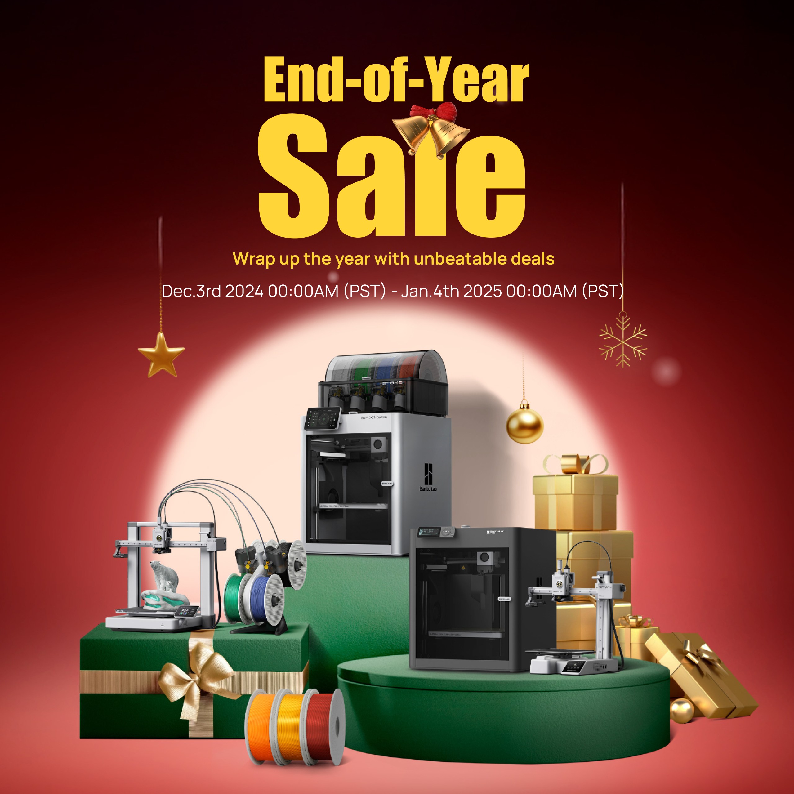 A Christmasy theme presentation of gifts and various Bambu Lab products with the text: "End-of-Year Sale. Wrap up the year with unbeatable deals"