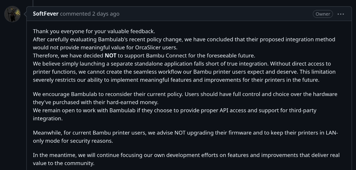 A screenshot of SoftFever explaining they are rejecting Bambu Lab's Bambu Connect's integration