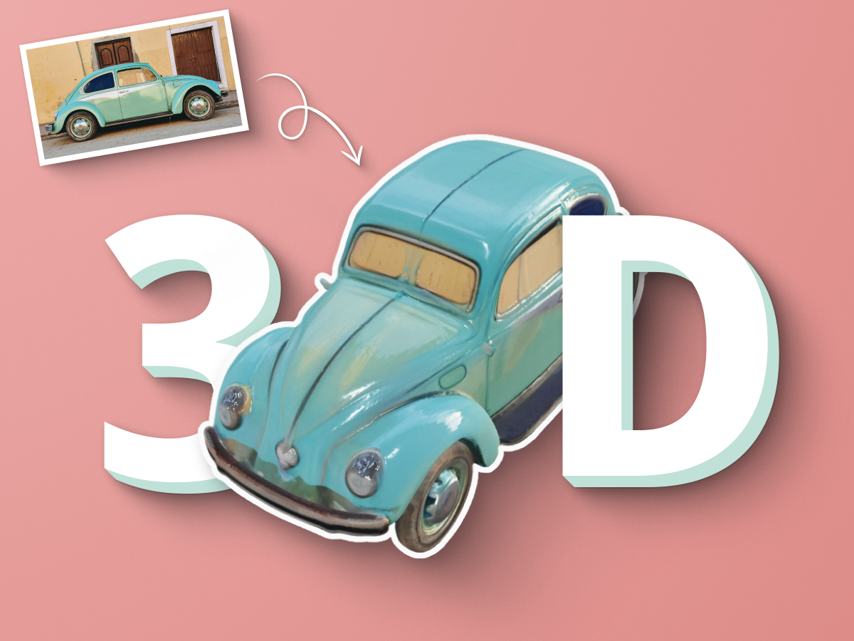 A 3D model Beetle car between the number "3" and the letter "D", coming from an image of that same car