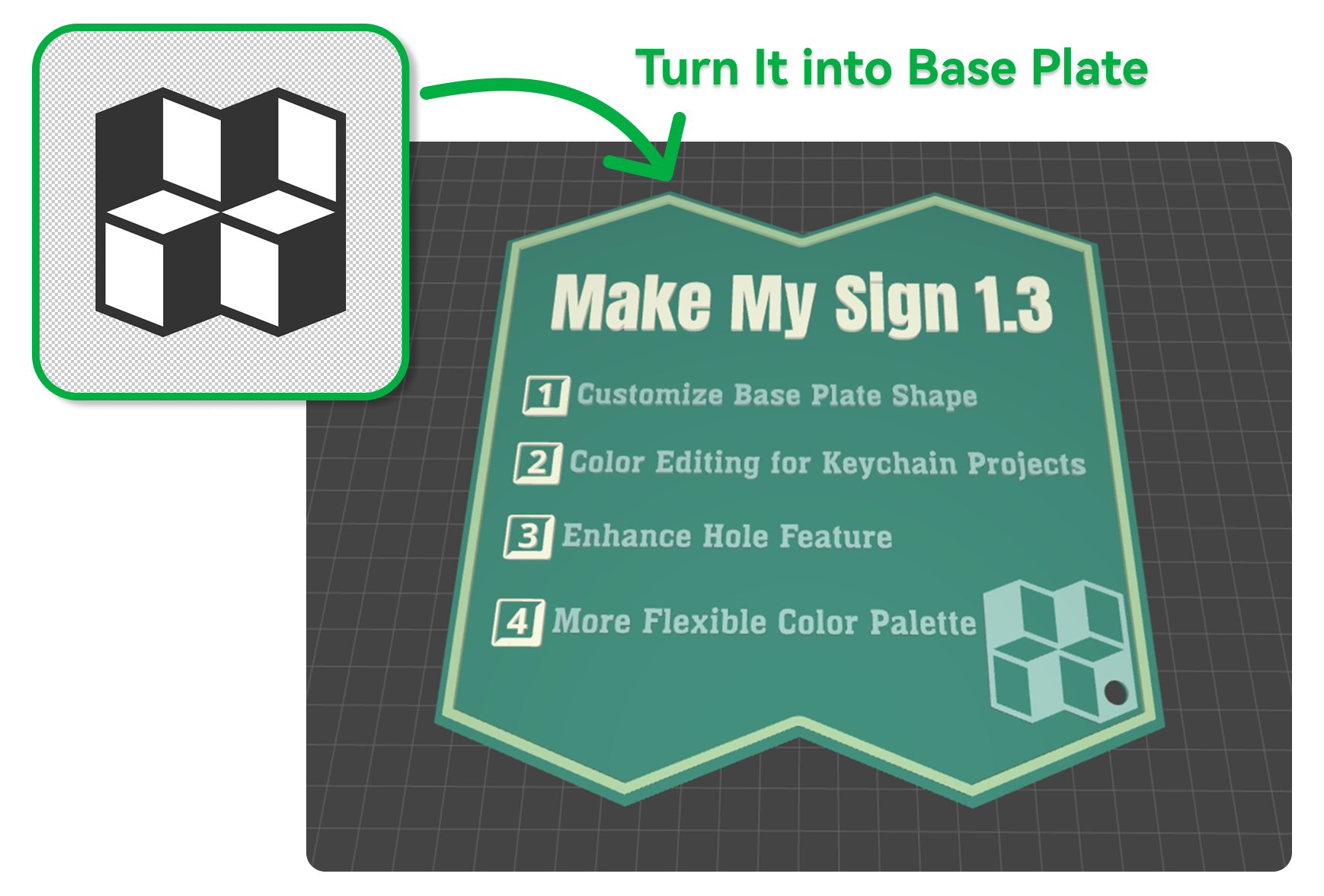 A screenshot of a Make My Sign item with a base that is shaped like the Bambu Lab logo with the 4 new features explained on it.